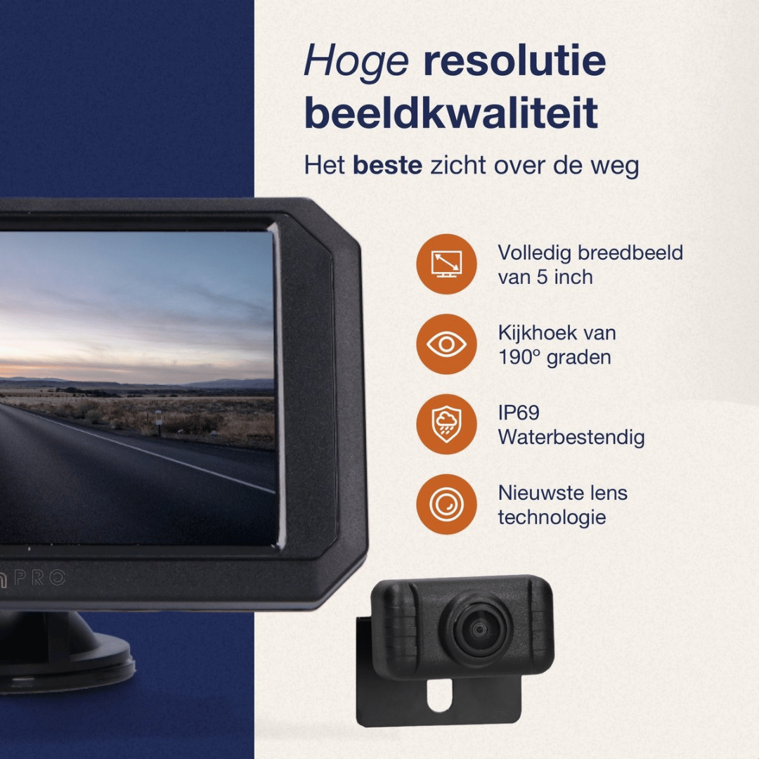 Draadloze Achteruitrijcamera – 5 Inch Monitor – IP67 – Nachtzicht 20m – Voor Auto, Camper & Vrachtwagen